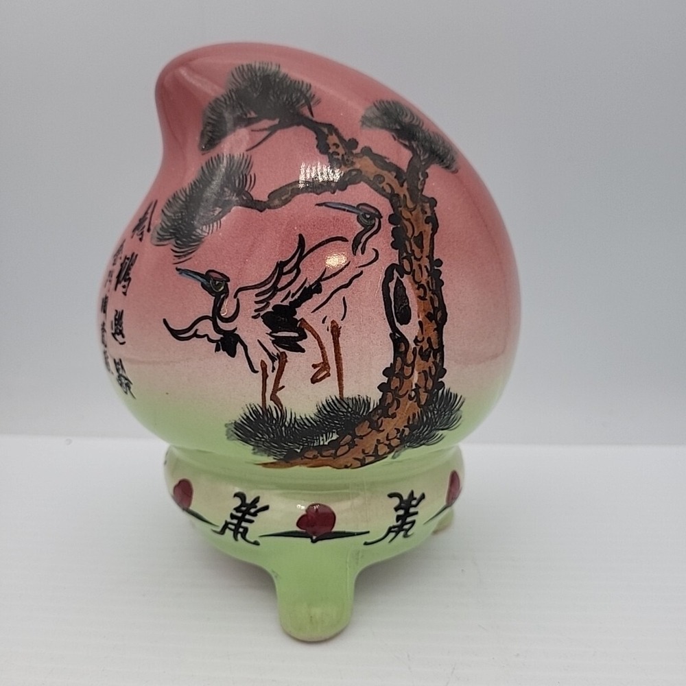 Vintage Chinese Ceramic Longevity Peach Crane Art 1988 ISCA Congress Taiwan ROC